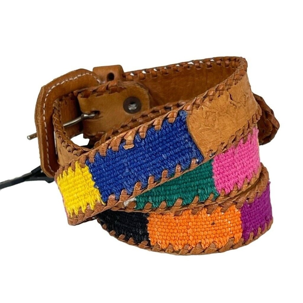 Tooled Leather & Elastic Woven Women's Belt Rainbow Color Fits Medium~Large - Picture 4 of 12